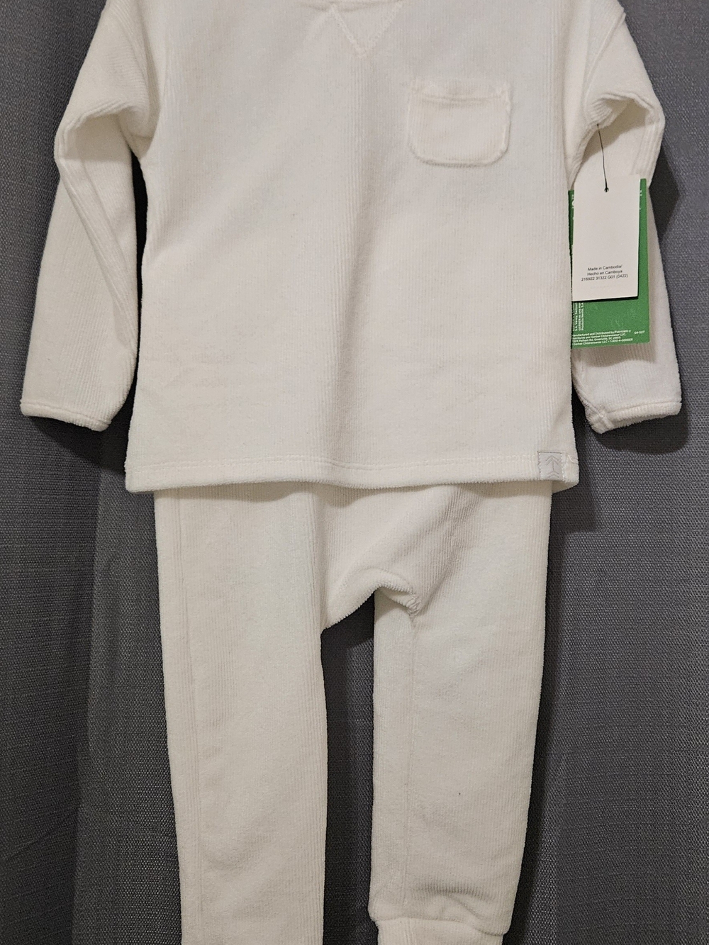 Kids Cream Ribbed Two-Piece Pajama Set with Pocket